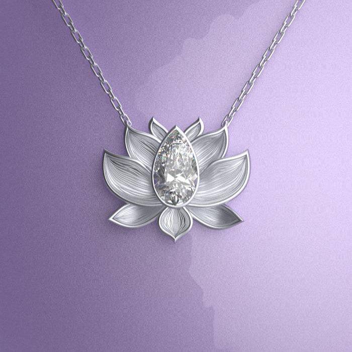 Lotus-shaped white gold necklace with a diamond on chain