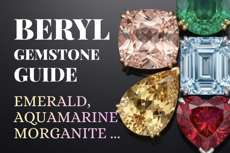 Beryl Gemstone Guide cover: faceted emerald, aquamarine, morganite, red beryl and heliodor gems on dark background by GROMOV