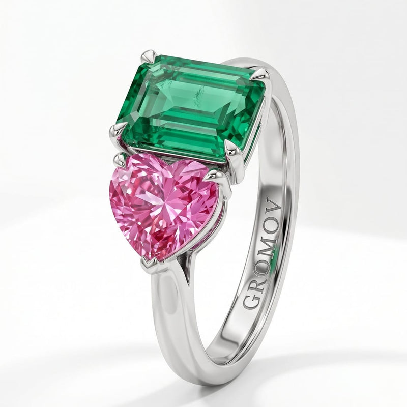 White Gold Toi et Moi Ring with Heart Pink Sapphire & Emerald