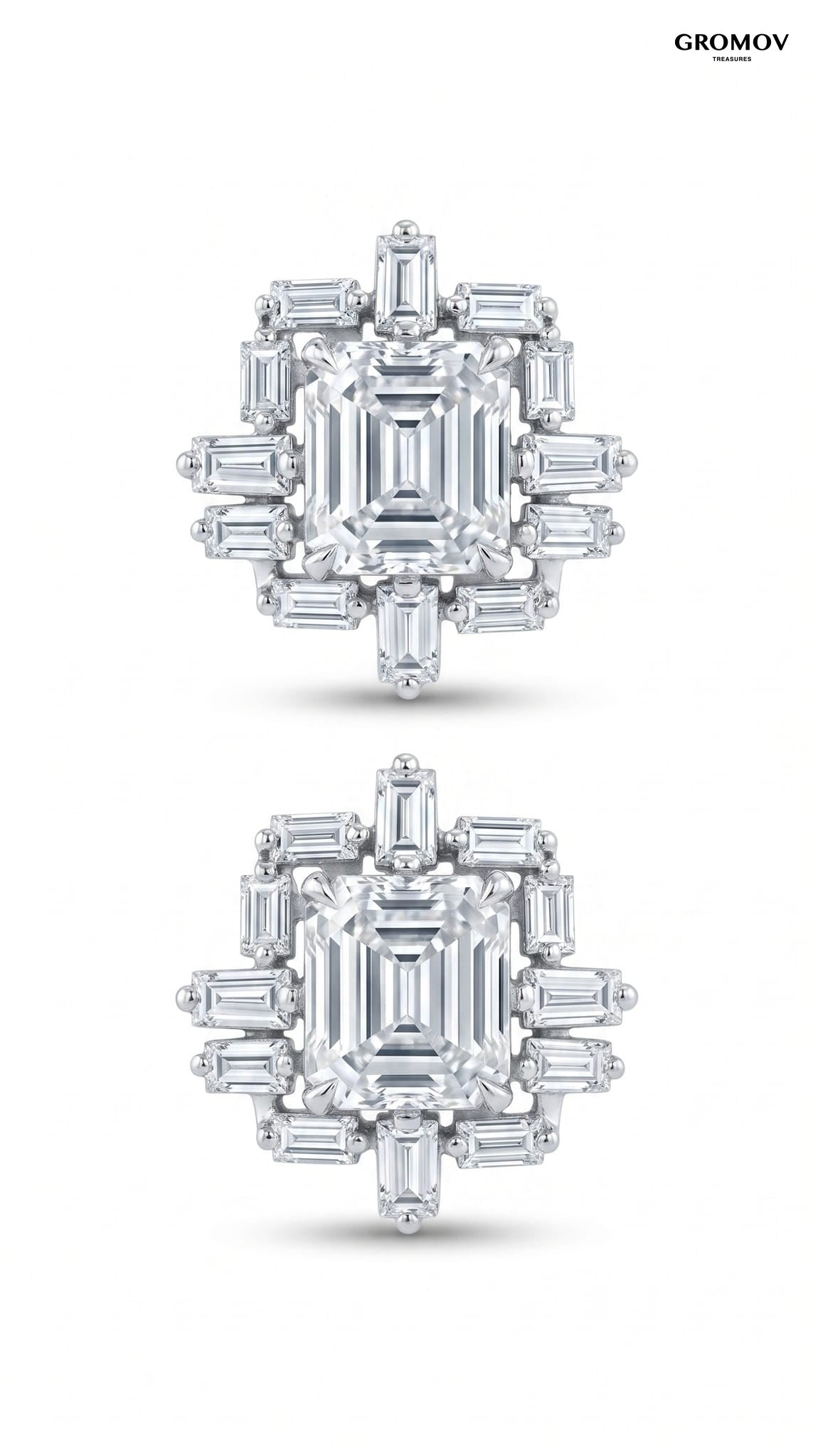 Pair of baguette halo emerald cut diamond stud earrings in 18K white gold with geometric art deco halo