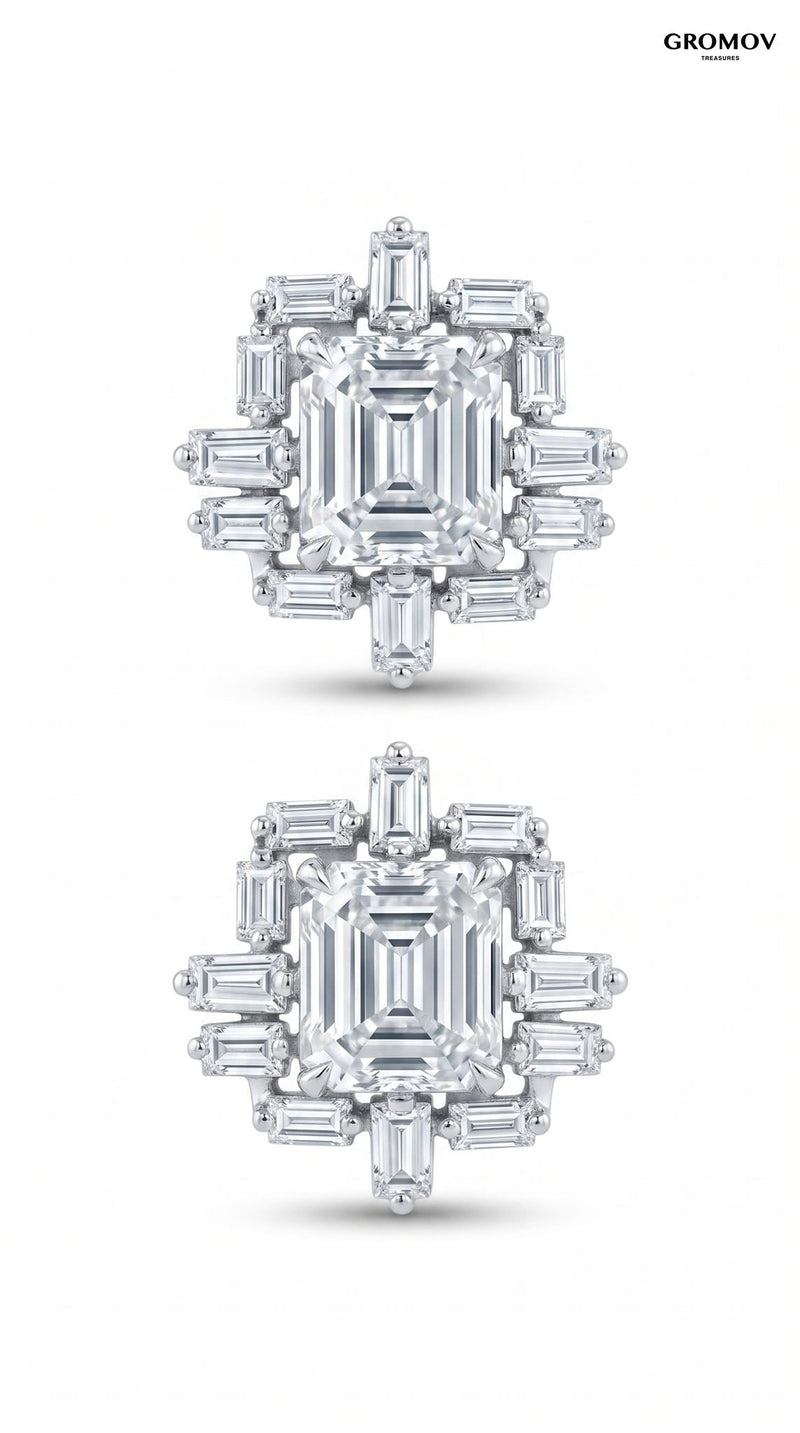 Pair of baguette halo emerald cut diamond stud earrings in 18K white gold with geometric art deco halo