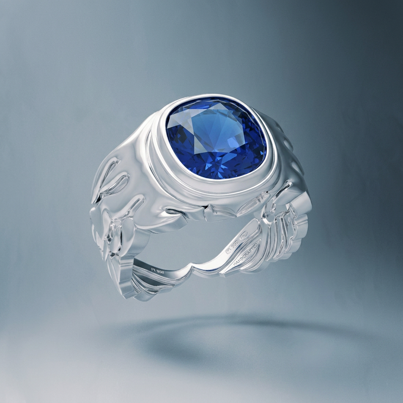 Big Sapphire and Wings Ring - GROMOV, view 1 - 18k white gold with large oval blue sapphire