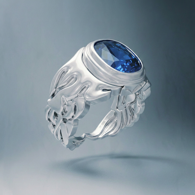 Big Sapphire and Wings Ring - GROMOV, view 2 - 18k white gold with large oval blue sapphire