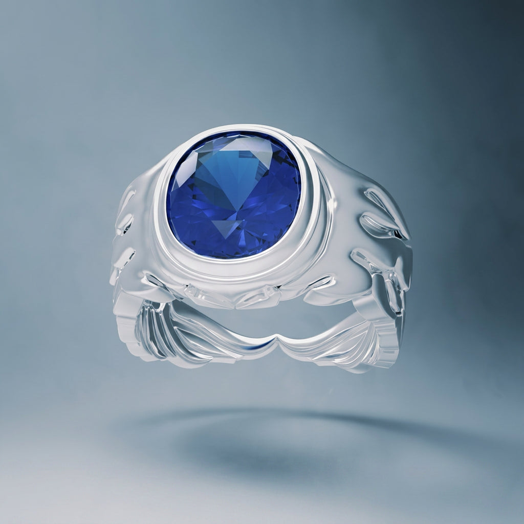 Big Sapphire and Wings Ring - GROMOV, view 3 - 18k white gold with large oval blue sapphire