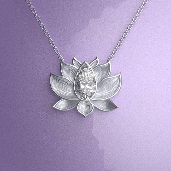 Lotus-shaped white gold necklace with a diamond on chain