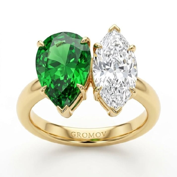 Yellow Gold Toi et Moi Ring with Green Garnet & Marquise Diamond