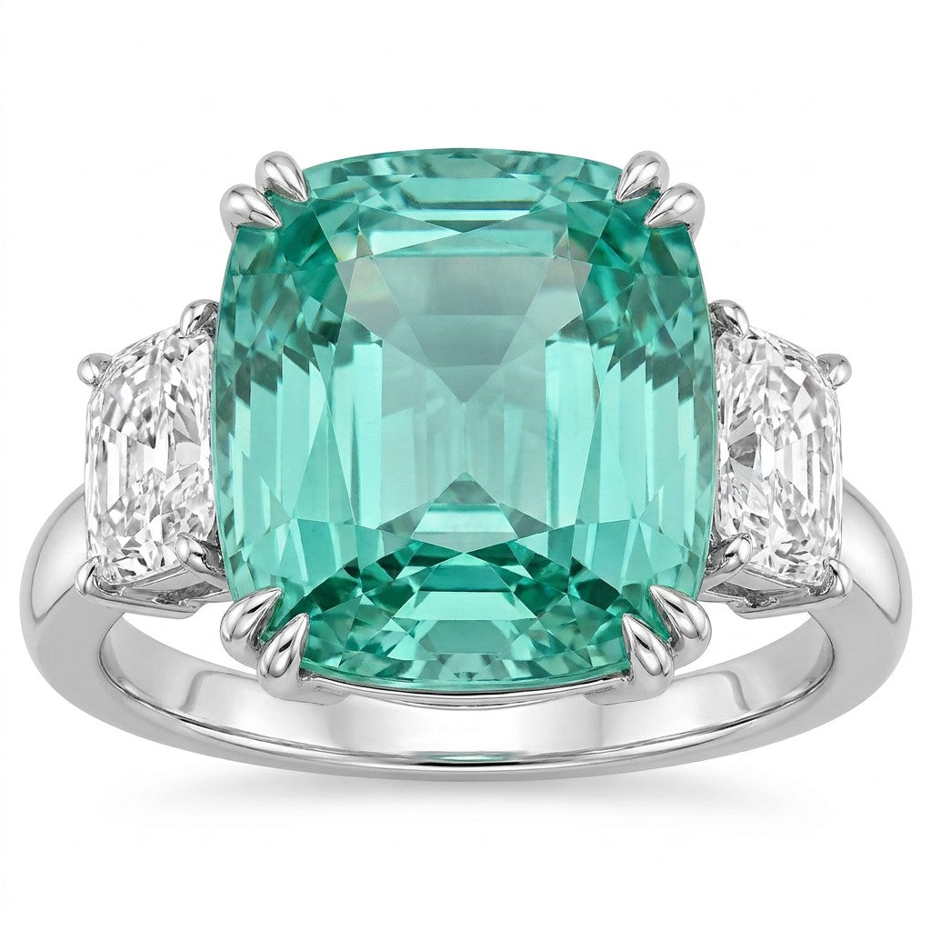 GROMOV green beryl 20ct cushion ring with diamond sides in platinum