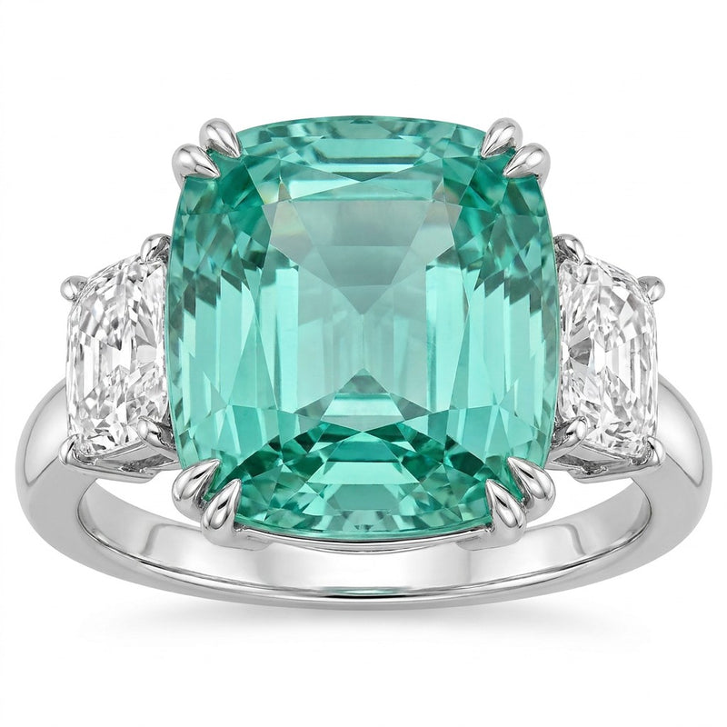 GROMOV green beryl 20ct cushion ring with diamond sides in platinum