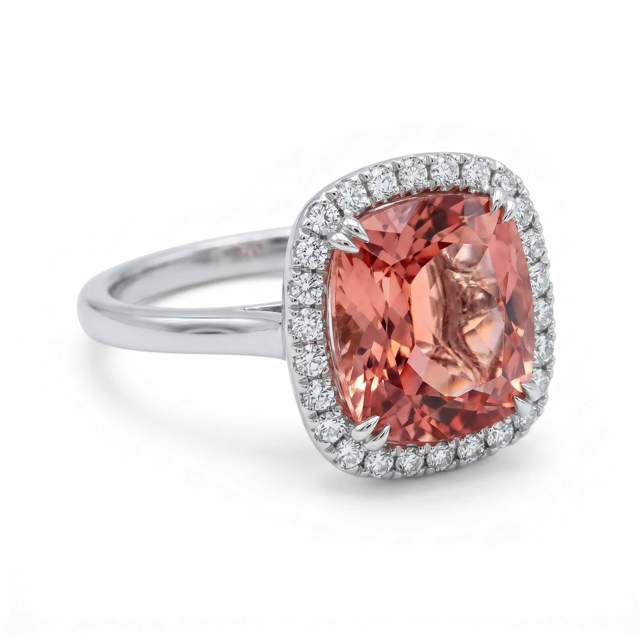 Halo morganite engagement ring 10ct with pavé diamonds in 950 platinum by GROMOV