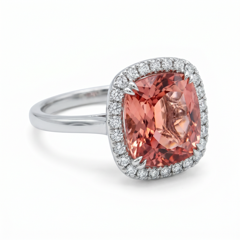 Halo morganite engagement ring 10ct with pavé diamonds in 950 platinum by GROMOV