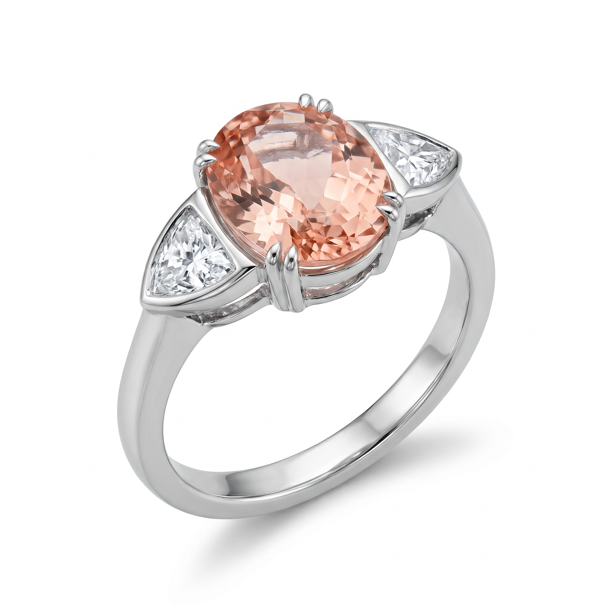 Three-stone morganite engagement ring 5ct with trillion diamond side stones in 950 platinum by GROMOV