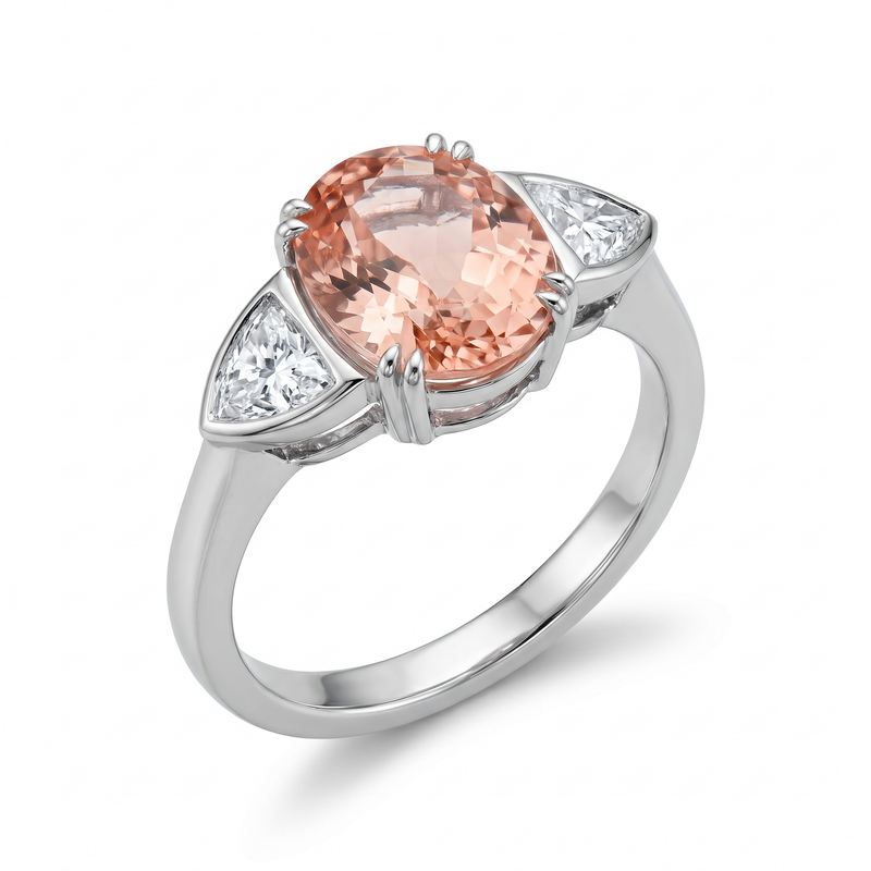 Three-stone morganite engagement ring 5ct with trillion diamond side stones in 950 platinum by GROMOV
