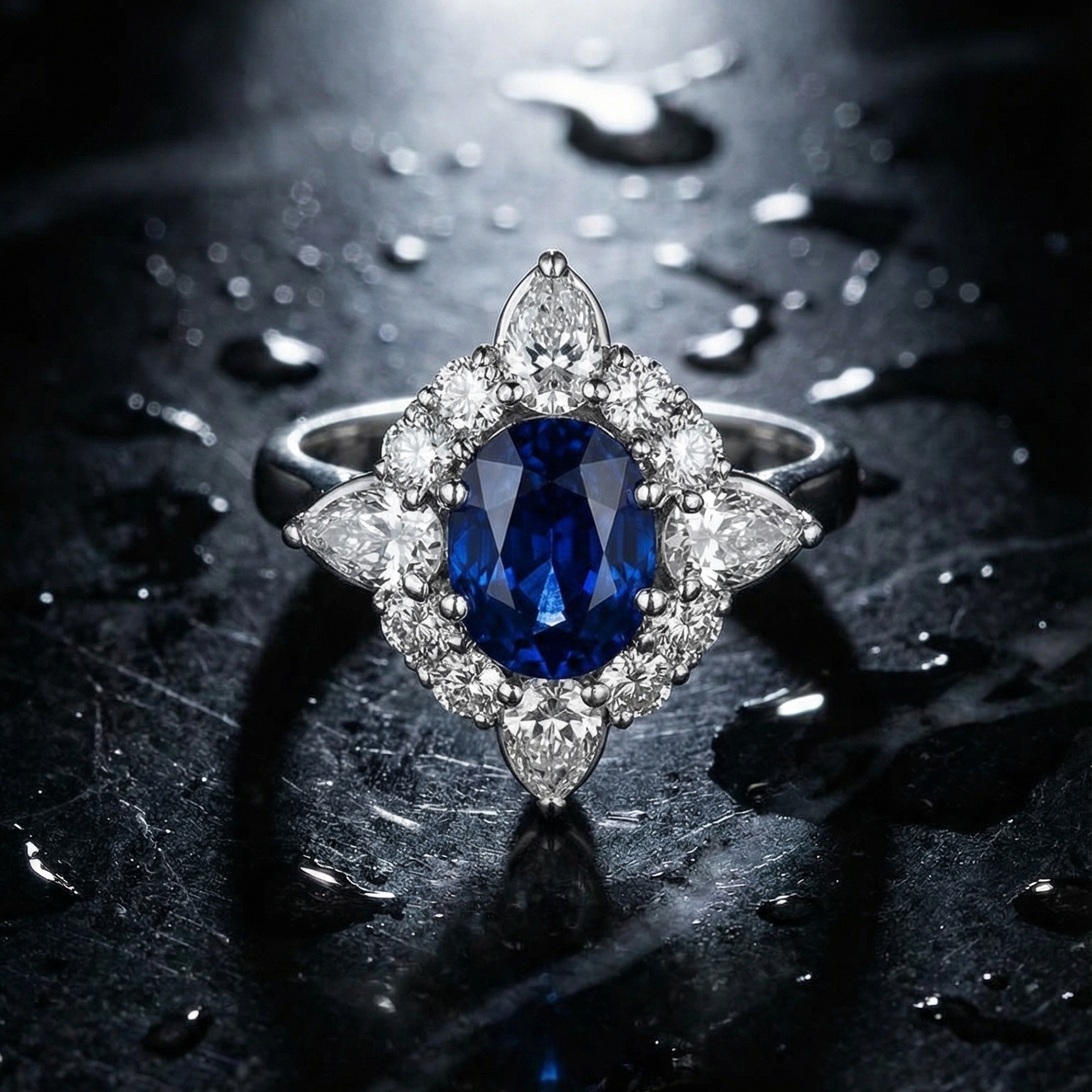 Polaris Ring - Royal Blue Sapphire halo diamond ring in platinum by GROMOV