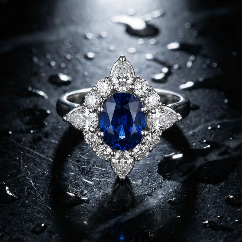 Polaris Ring - Royal Blue Sapphire halo diamond ring in platinum by GROMOV